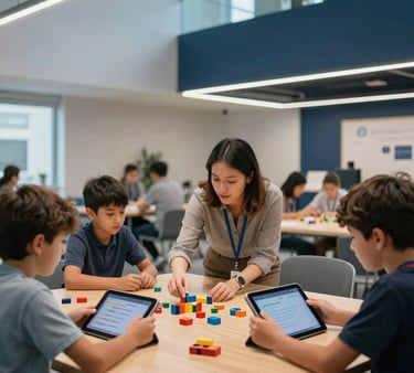 A bright, warm editorial scene in an International / Global learning hub. A teacher and young students engage with hands-on coding blocks and interactive tablet displays on sleek wooden tables, illuminated by modern architectural lighting with subtle sky blue and deep navy design accents.