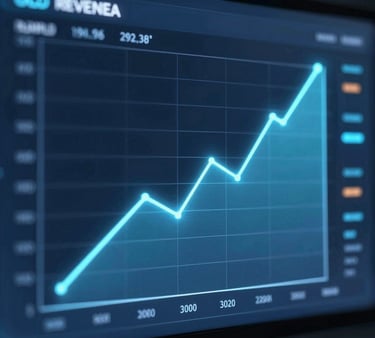 A graph showing increasing revenue bars with agency team collaborating in the background.