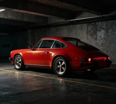 Low-angle heroic profile of a classic Porsche 911 parked in a moody, high-contrast concrete garage, soft gold light catching the rear fender, deep shadows, 35mm cinematic.