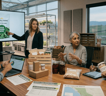 Agricultural business team reviewing private label food packaging and distribution logistics in a greenhouse office.