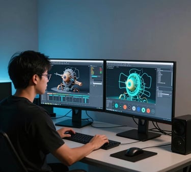 A high-tech VFX studio with Malaysian / Southeast Asian digital artists working on advanced 3D modeling and lighting on dual monitors. Soft ambient shadows, dramatic blue-grey backlighting, and brilliant teal neon reflections.