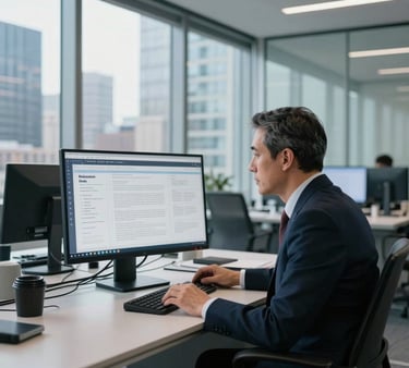 A crisp editorial photograph of a modern media newsroom in a North American / US financial center. A senior technology journalist reviews digital report drafts on a high-resolution display in a modern glass office. Soft light gray furniture and steel blue accents create a professional backdrop, lit by bright daylight from floor-to-ceiling windows overlooking city skylines. Authoritative digital journalism aesthetic with high contrast and sleek financial-tech ambiance.