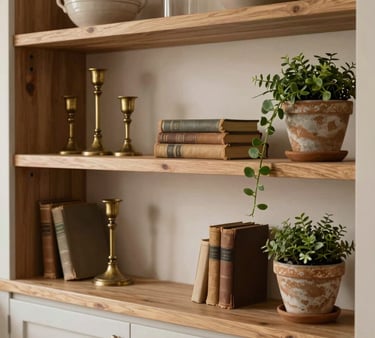 A close-up shot of styled open wooden shelves in a beautifully lit, warm Western European kitchen. Styled with vintage brass candlesticks, small old hardcover books in muted brown and soft beige colors, and a green trailing plant in a weathered clay pot.
