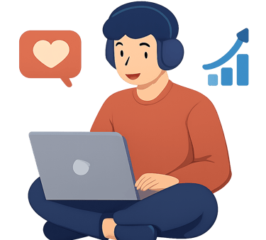 Illustration of a person wearing headphones sitting with a laptop. Floating icons for a heart and a graph are next to them.