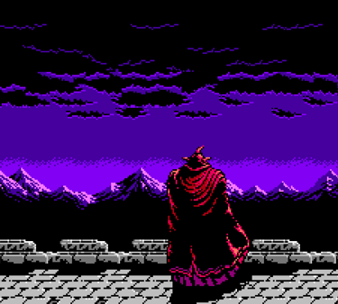 Ninja Gaiden II: The Dark figure in a red cloak overlooking mountains under a purple twilight sky.