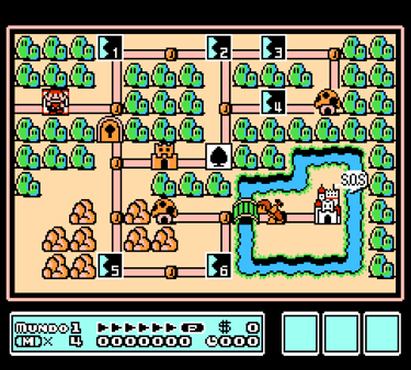 Super Mario Bros 3 world map featuring pixel art levels, icons, and classic NES gameplay graphics.