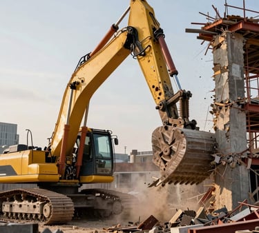 A professional architectural demolition site in London, United Kingdom. A colossal excavator with hydraulic shears is breaking a concrete column, golden hour sunlight highlighting dust particles, dramatic contrast, red steel beams, 3D architectural photorealism.