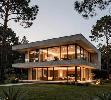 Wide architectural angle of a modern concrete and glass luxury villa in Gramado, surrounded by pine trees, warm evening interior lights glowing, soft overcast twilight, elegant architectural photography, 35mm