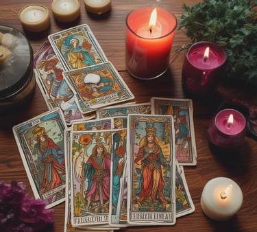 An open oracle deck spread gently on a wooden table with soft candlelight.