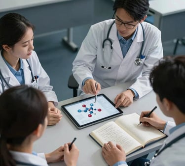 Overhead dynamic photography of medical students in Western European lecture hall collaborating. Focusing on a neat modern desk with a tablet displaying biological molecular structures and handwritten digital notes, a classic medical journal open. Soft, sophisticated academic lighting with deep slate background tones and sky blue highlights. Inspiring, rigorous, clean design style.