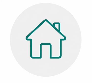 Green outline icon of a house with a chimney on a white circle background for real estate navigation.