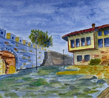 Original painting depicting the hillside Castle of Berat with clustered historic structures.