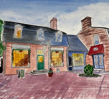 Original watercolor painting of Colonial Williamsburg at Christmas, showing historic building