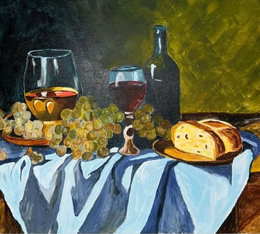Original painting depicting grapes, bread, and a bottle arranged on a tabletop.