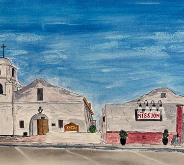Original watercolor painting of historic mission-style façade with bell tower in Scottsdale, AZ
