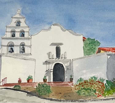 Original watercolor painting of Mission San Diego, showing Spanish-style mission architecture