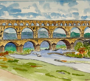 Original painting depicting the Pont du Gard aqueduct spanning a river landscape.