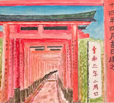 Original painting depicting a pathway lined with torii gates receding into the distance.