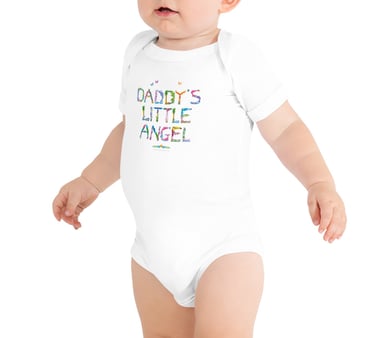 An all in one baby bodysuit with the words Daddys Little Angel printed on in tropical exotic wordart