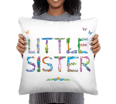 A throw pillow with the words Little Sister printed on in tropical exotic wordart
