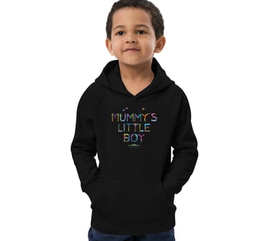 A childs hoodie with the words Mummys Little Boy printed on in tropical exotic wordart