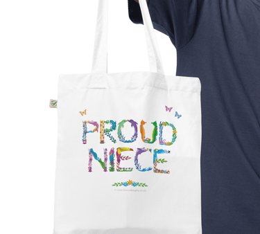 A white tote bag with the words Proud Niece printed on in tropical exotic wordart