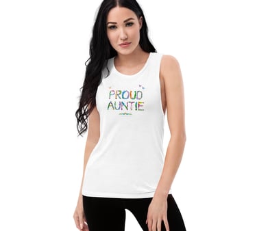 An adult tank top with the words Proud Auntie printed on in tropical exotic wordart