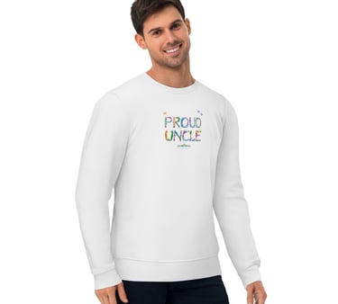 An adult sweatshirt with the words Proud Uncle printed on in tropical exotic wordart