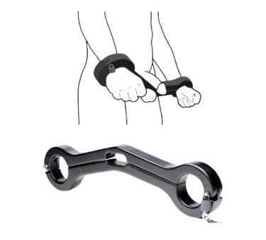 black fetish cuffs that can lock in front of a male with his penis through the middle