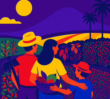  familia de agricultores colombianos observando su cosecha de café y cacao