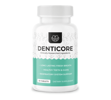 DentiCore dietary supplement bottle for healthy teeth, gums, and fresh breath support.