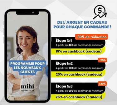 Gagnez de l'argent en cash avec MIHI et jusqu'à 30% de réduction sur vos achats
