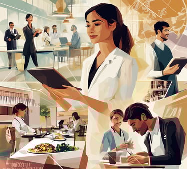 a woman in a white lab coat and a man in a suit