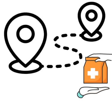 a map marker from once destination to the next and in the corner a hand receiving an orange bag