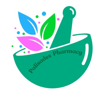 Leaves and dots in pink, blue and green, and a pestle in a mortar labeled Palisades Pharmacy