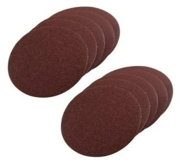 A stack of brown orbital sanding discs for wood and metal surface preparation.