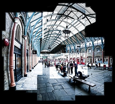 An enormous joiner photo of the inside of Covent Garden