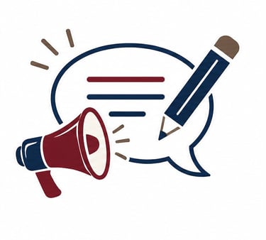 An icon featuring a speech bubble, pencil, and communication elements.