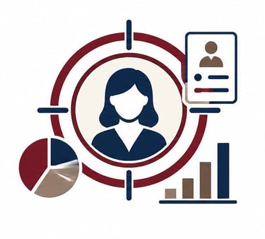 Icon featuring a customer profile silhouette inside a target with data points and demographic symbol