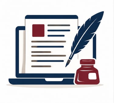 Blog writing icon featuring a laptop, article page, and quill pen.