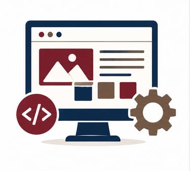 Website development icon featuring a website layout, coding symbol, and settings gear.
