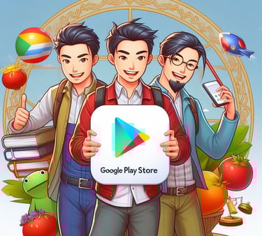 three men standing in front of a circle with a sign that says google play store