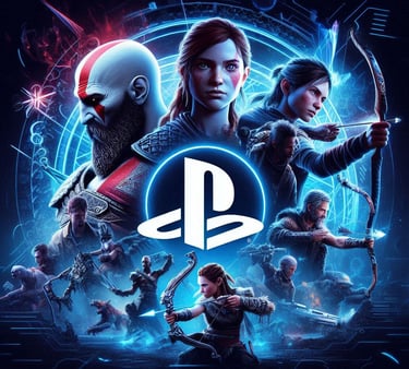 Fondo de pantalla de PlayStation con personajes icónicos como Kratos, Ellie, y Aloy