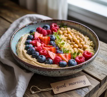 Sunrise Power Bowl with quinoa, chickpeas, avocado, berries, and hummus.