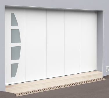 Porte de garage coulissante blanche design moderne avec hublots verticaux Isovergne