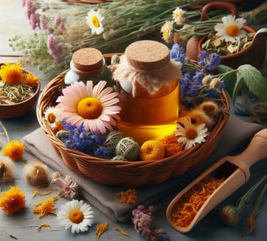 a basket with flowers and herbs in a basket