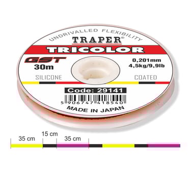 Traper Tricolor GST silicone coated fishing line on a 30m spool with product specifications.