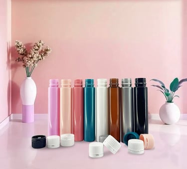 Colorful shot tubes arranged together, used for cosmetic and pharmaceutical packaging.