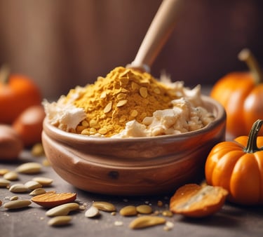 Farinha de abóbora caseira em tigela de cerâmica, com sementes de abóbora visíveis e abóboras ao fun