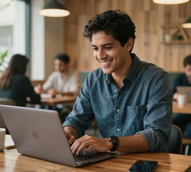 A realistic photo of a professional South American freelancer smiling while working on a silver laptop in a vibrant, modern shared workspace in Medellin. Soft warm lighting, wooden textures, and a comfortable setup. Natural and professional style.